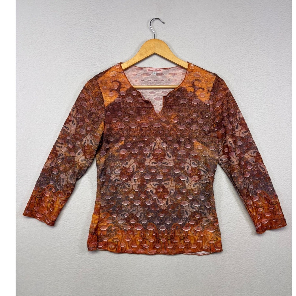 Whimsigoth Y2K Casual Freedom Women Large Orange Abstract Burnout 3/4 Sleeve Top